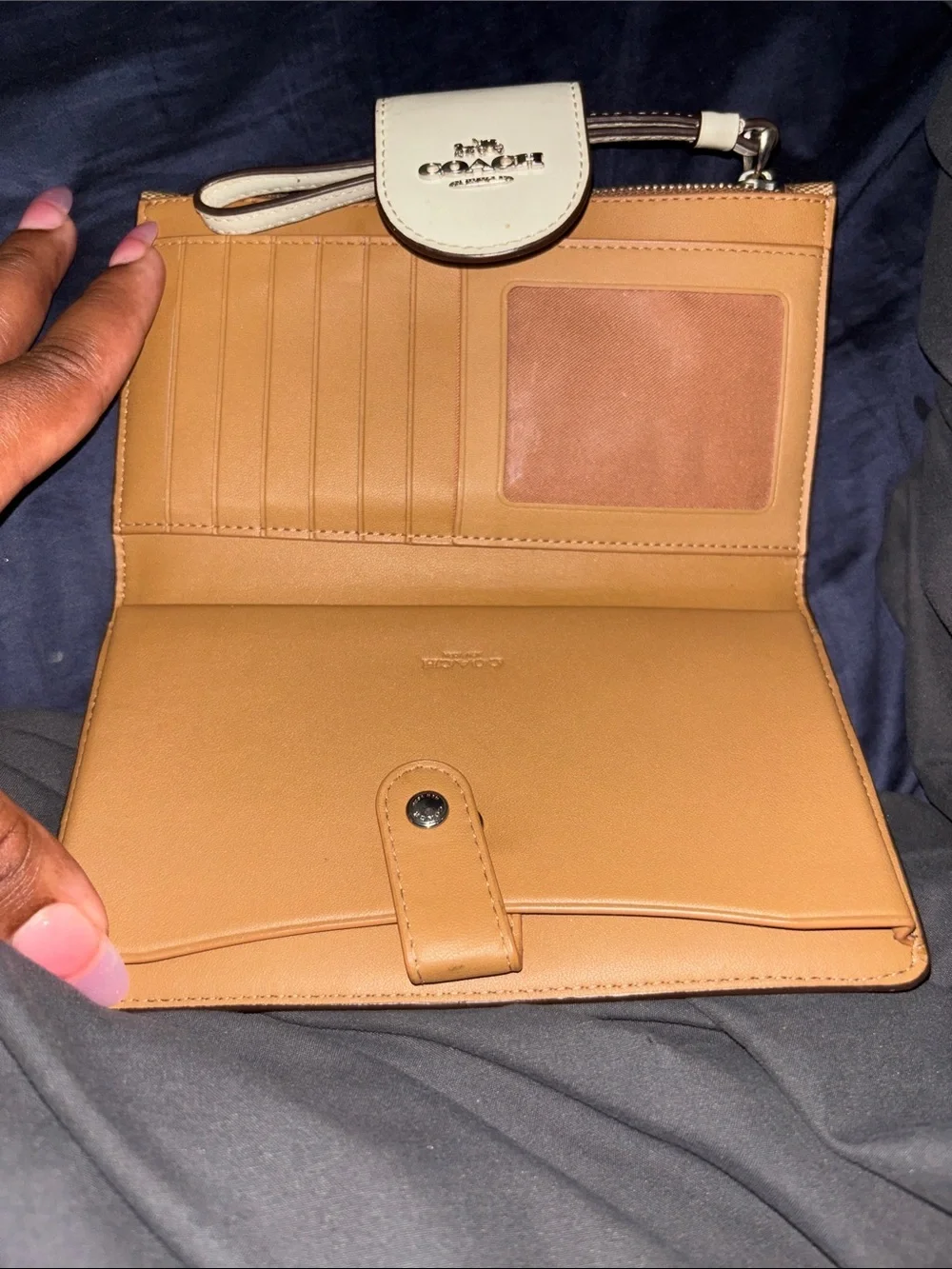 Coach Brown Signature Canvas Wristlet with Cream Snap Tab